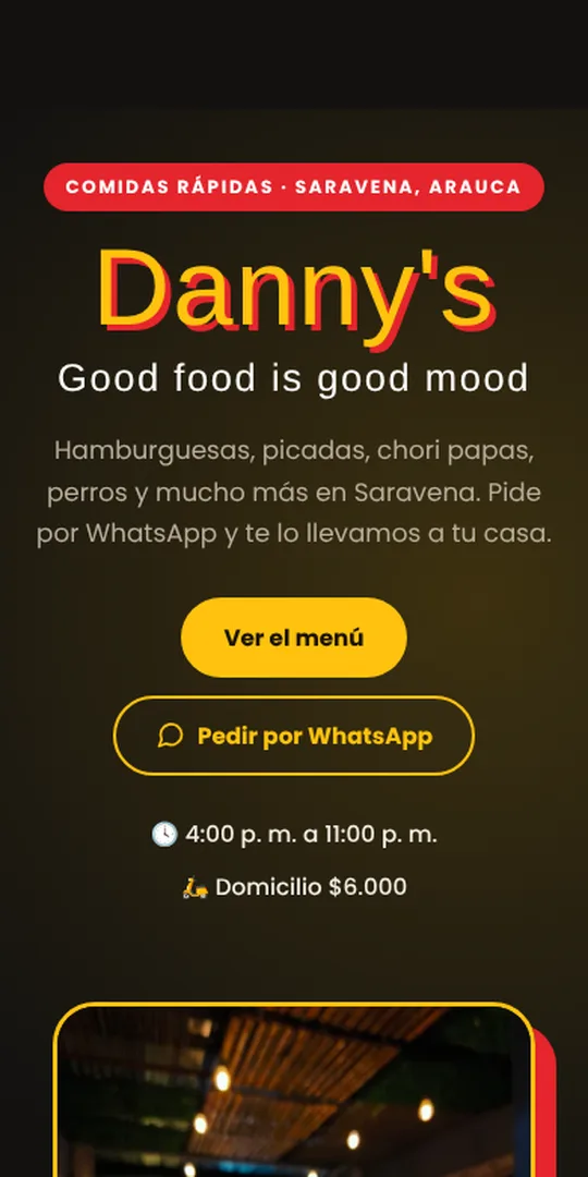 Página de Danny's Comidas Rápidas en celular