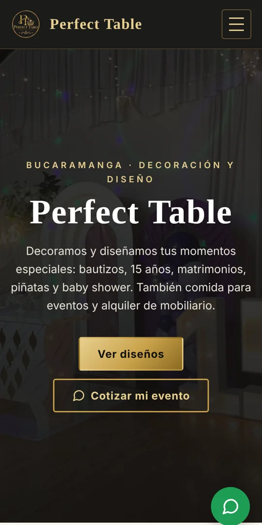Página de Perfect Table en celular